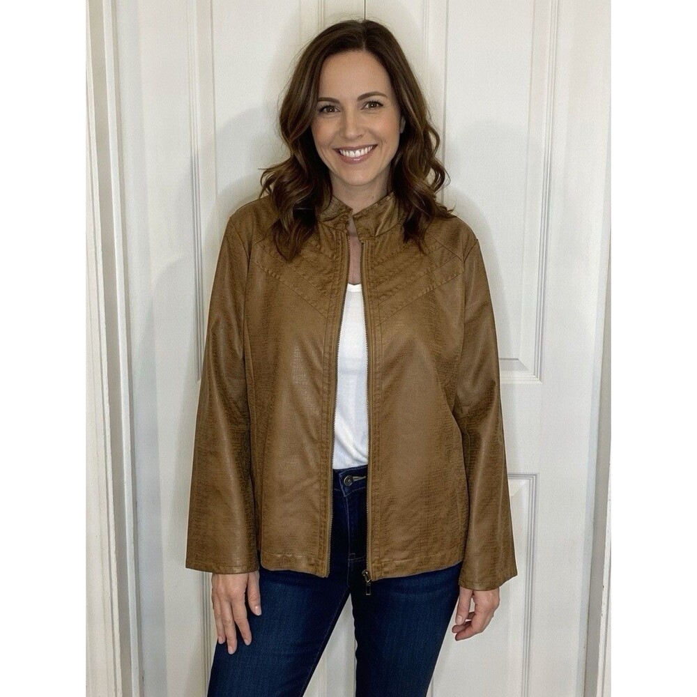 BonWorth Womens Sz XL Petite Faux Suede Zip Up Jacket Long Sleeve Brown